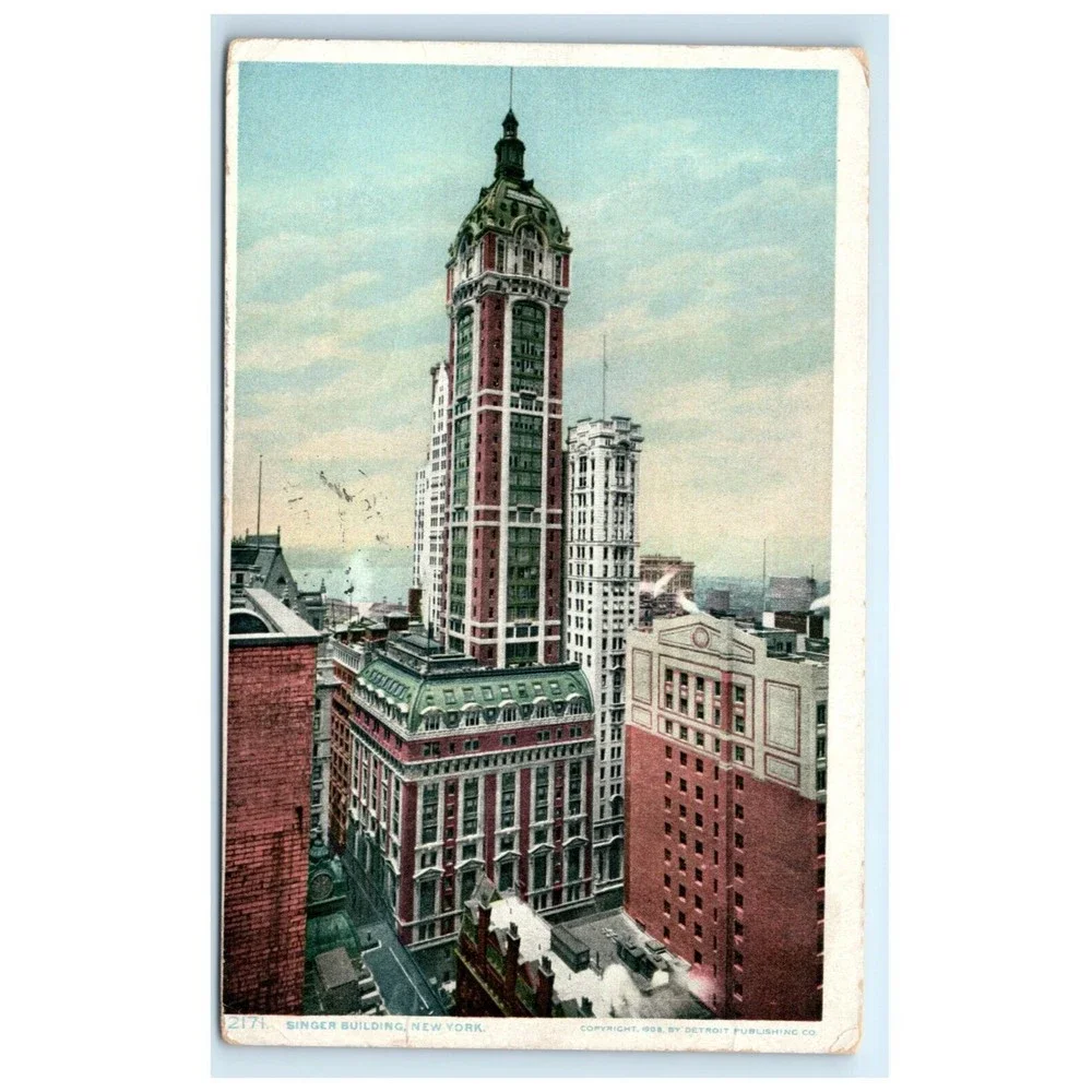 Vintage‎ Postcard New York City Singer Building Skyline Architecture Posted 1909